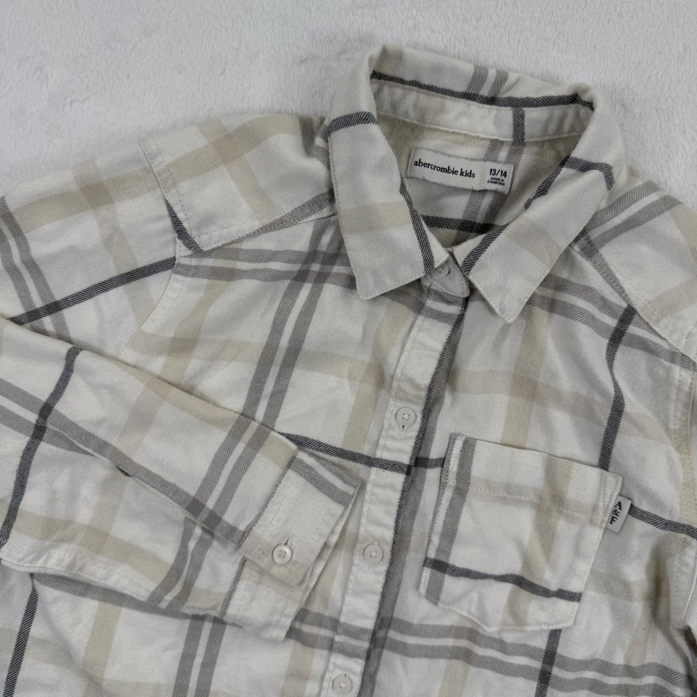 Abercrombie Kids Plaid Button Down Shirt Long Sleeve‎ Cream Gray Size 13/14 READ